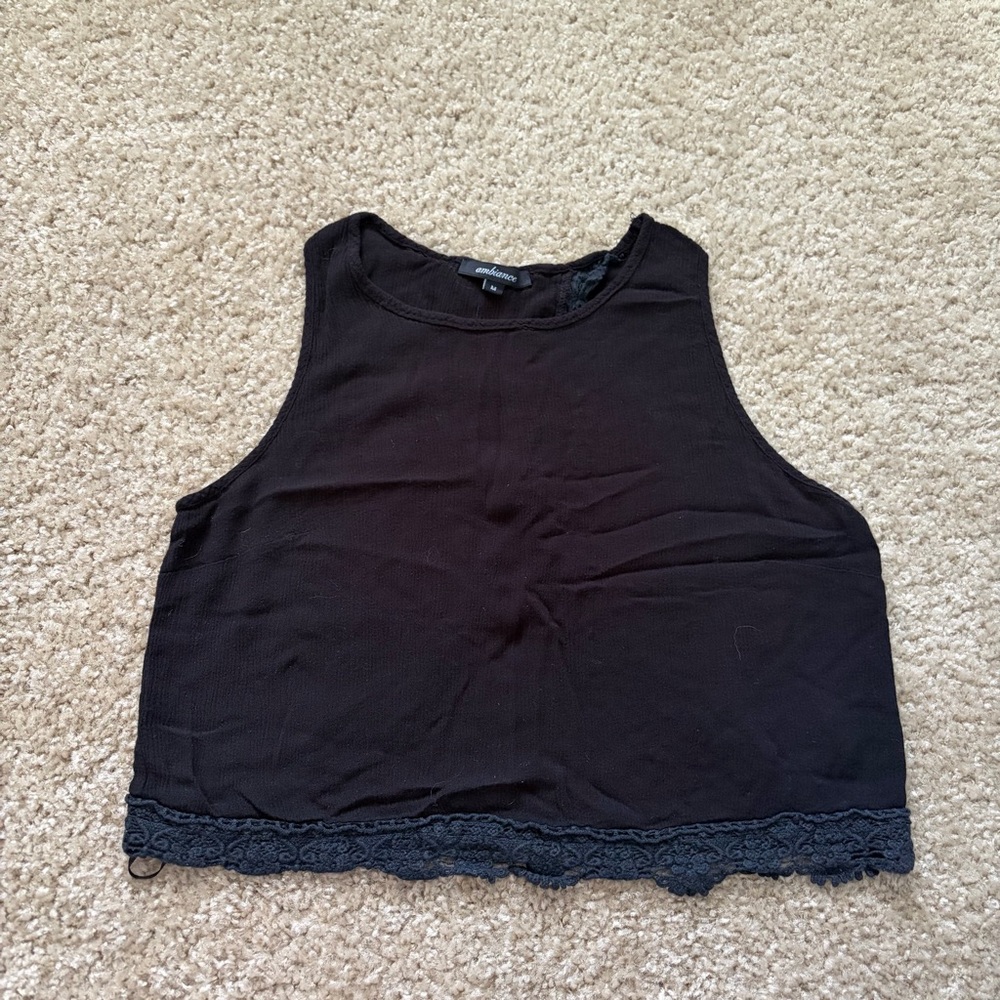 Ambiance Black Sleeveless Lace Trim Crop Top
